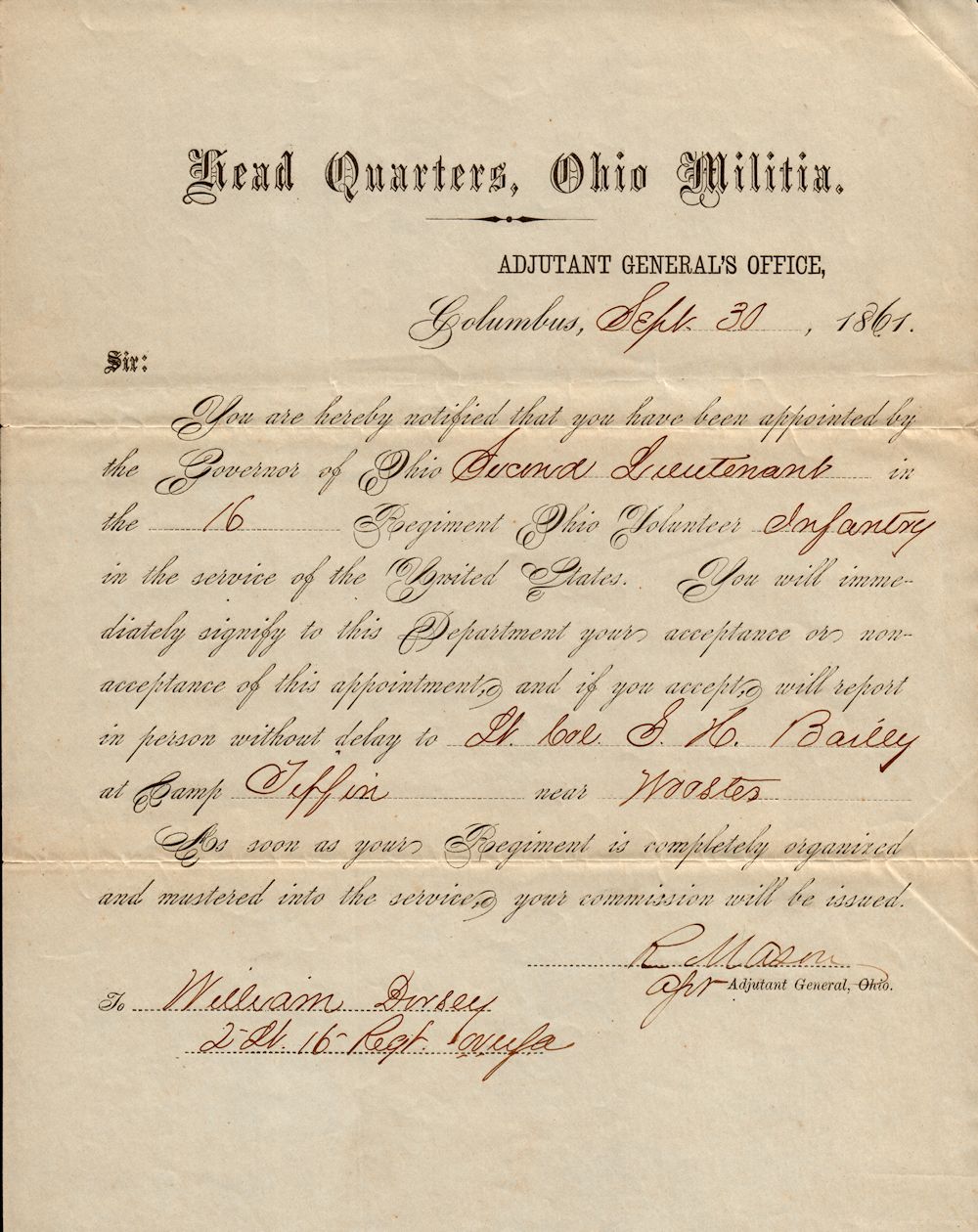 Appointment to Second Lieutenant