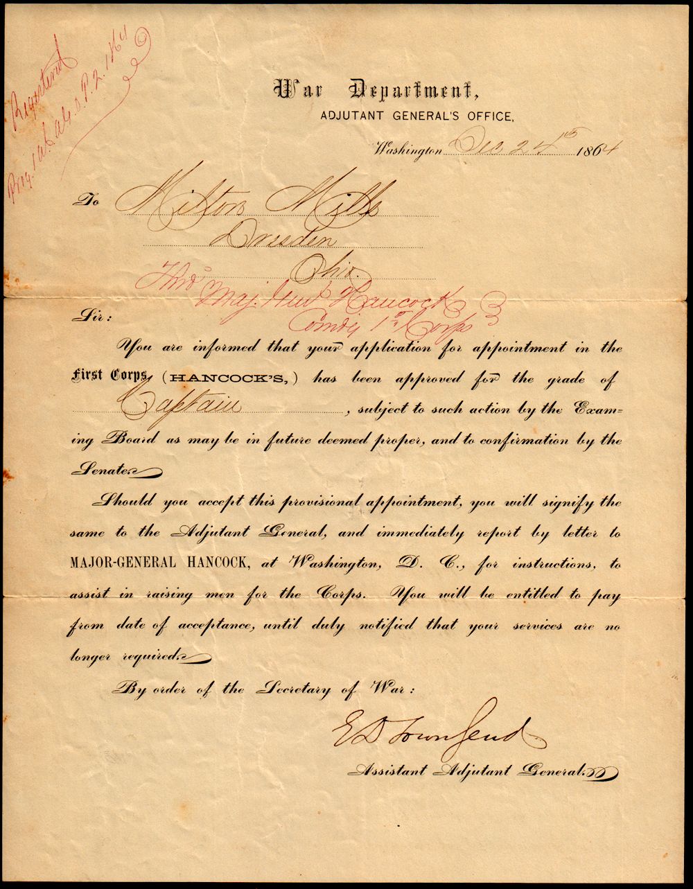 Mills Appointment to Hancock's Corps