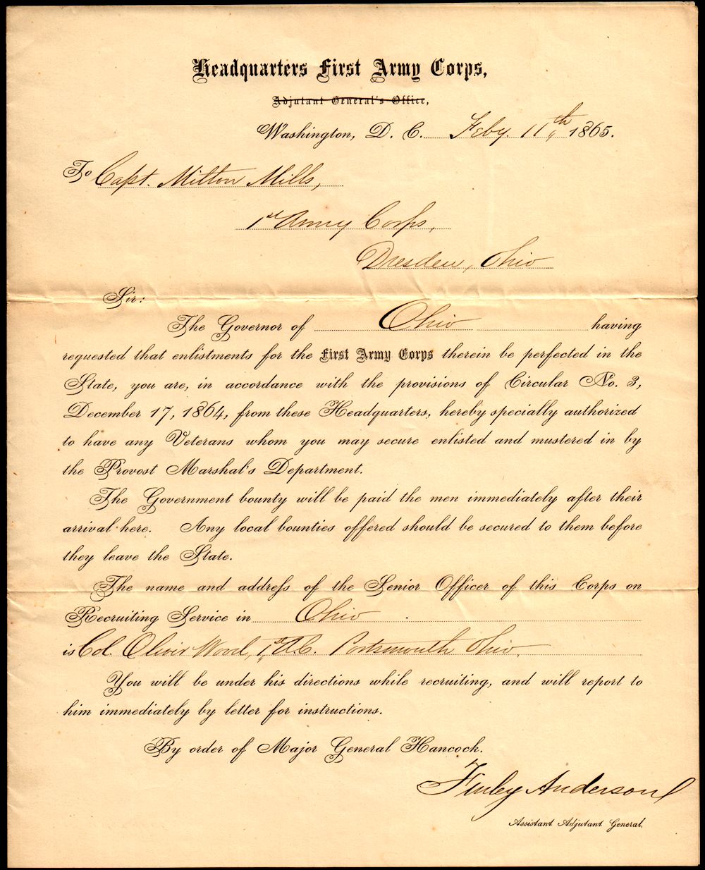 Mills' Orders from First Army Corps