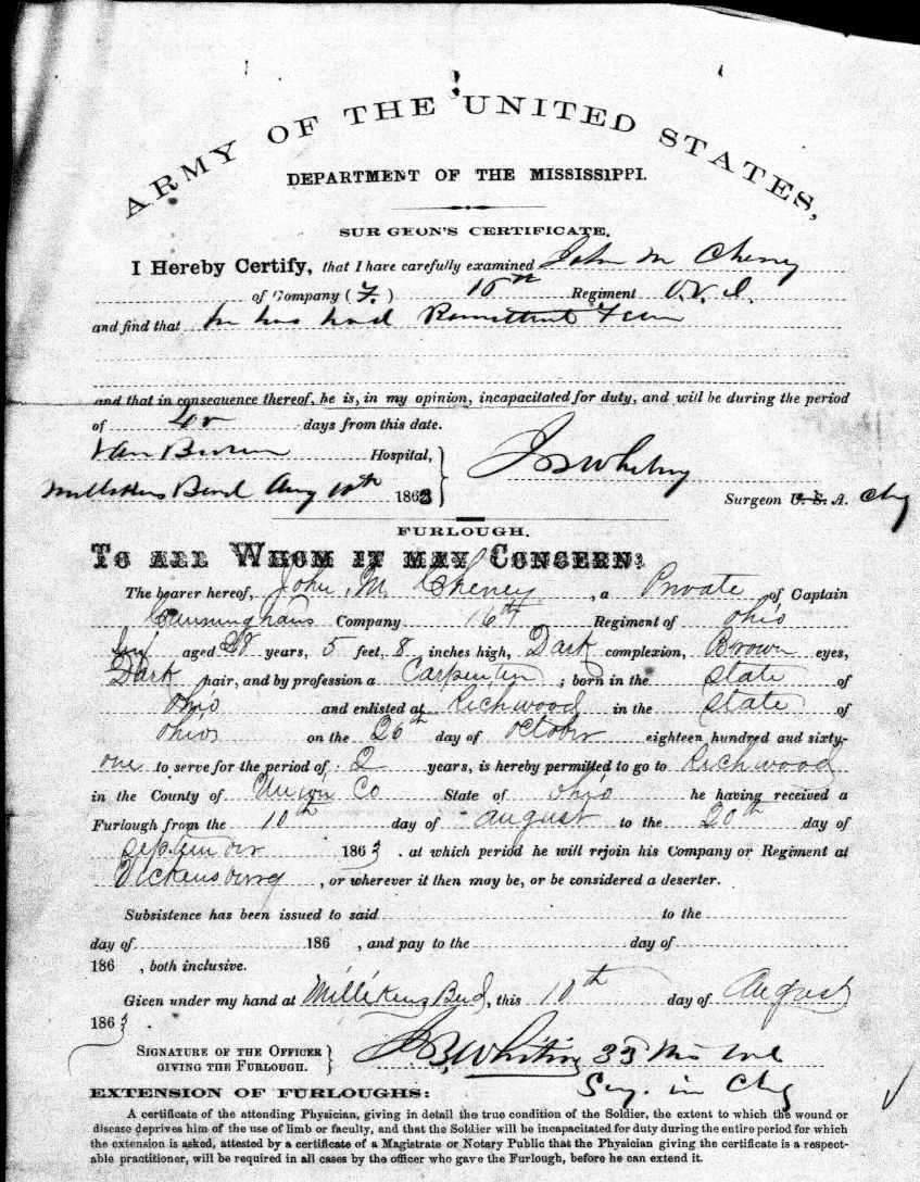 medical furlough of Pvt. John Cheney