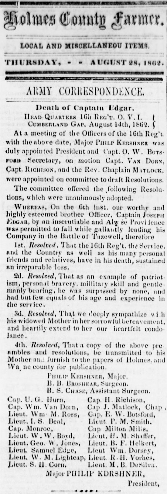 newspaper article on death of Capt. Joseph Edgar